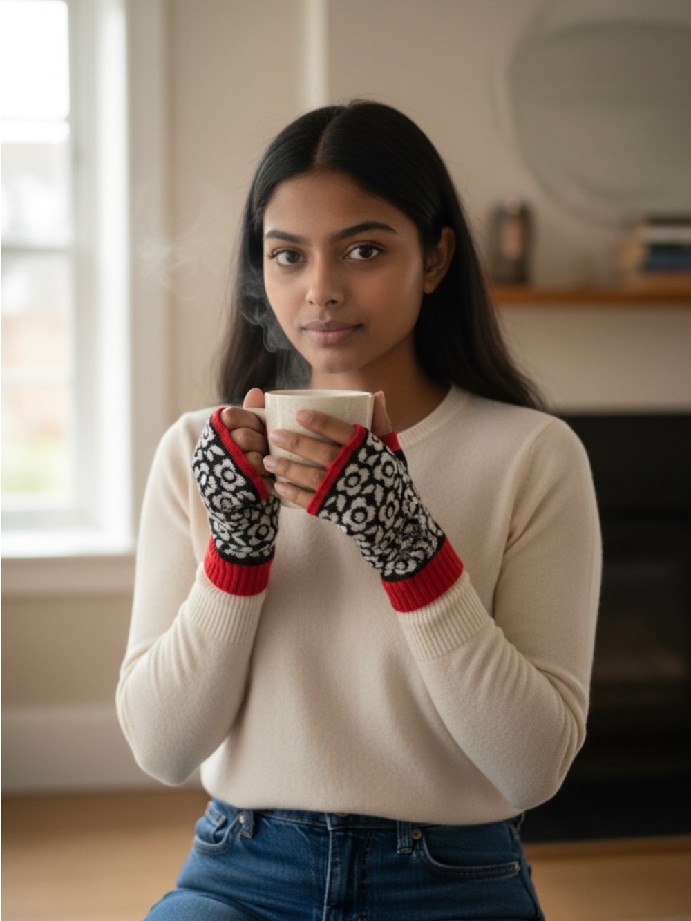 Black & Red Patterned Fingerless Gloves - Women's Knit Mitts